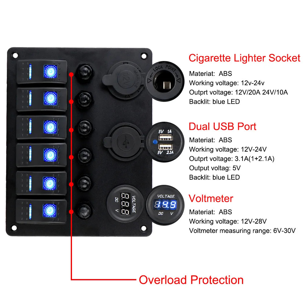 12V 24V 6 Buttons Car Switch Panel 15A Fuse Marine Circuit Breaker Voltmeter