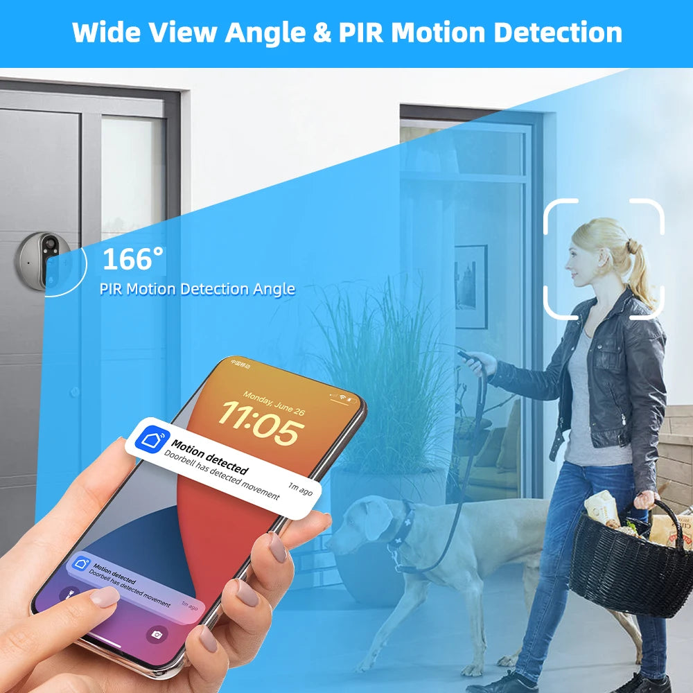 3MP WiFi Smart Tuya Peephole 5000mAh Doorbell Door Eye Camera