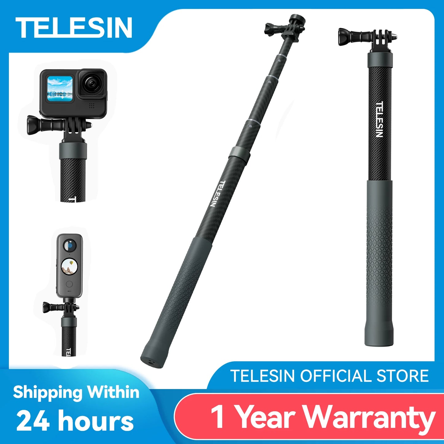 TELESIN 1.2M 3M Carbon Fiber Selfie Stick Monopod Extendable With 1/4 Screw For GoPro Insta360 Osmo Action DJI Action Camera