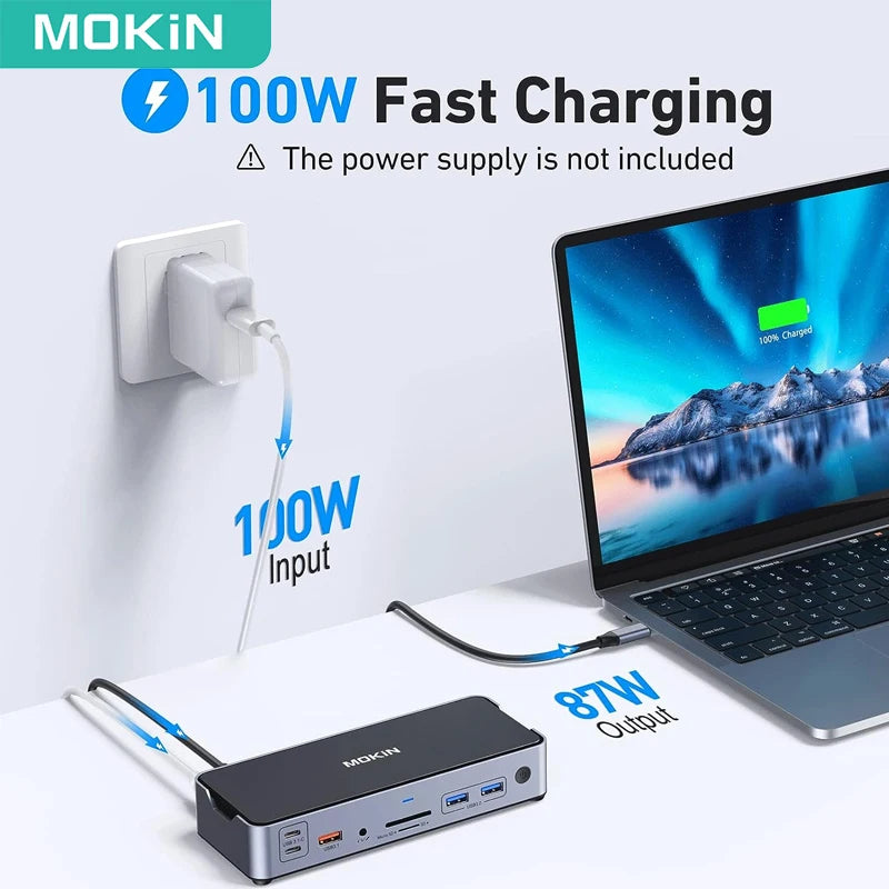 MOKiN 15 IN 1 USB C Docking Station 8K 30hz HDMI Ports 3 Monitors USB 3.1 100W PD SD&TF USB C Dock for Laptops MacBook Lenovo PC