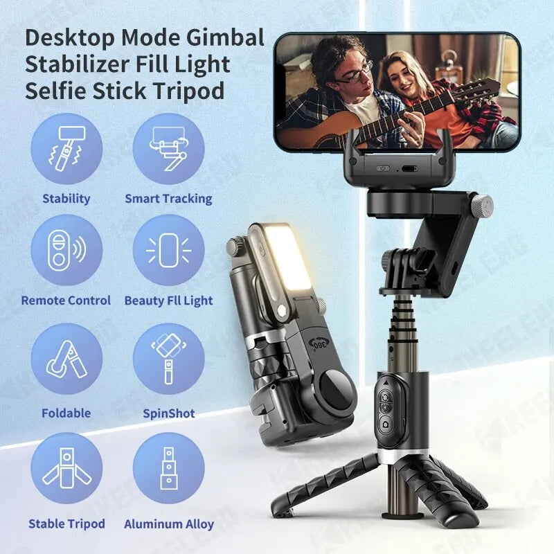 KEELEAD 360 Rotation Gimbal,Selfie Stick Tripod with Remote Fill Light Following Shooting,Stabilizer for Smartphone Live/Vlog