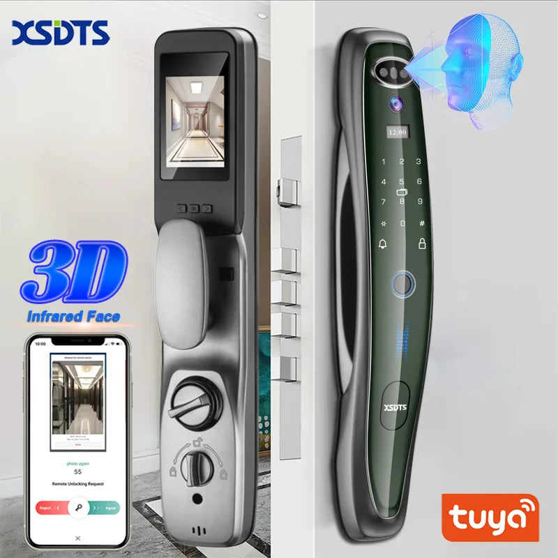 Tuya Smart 3D Face Door Lock Security Face & Camera Monitor Intelligent Fingerprint Password Biometric Electronic Key Unlock