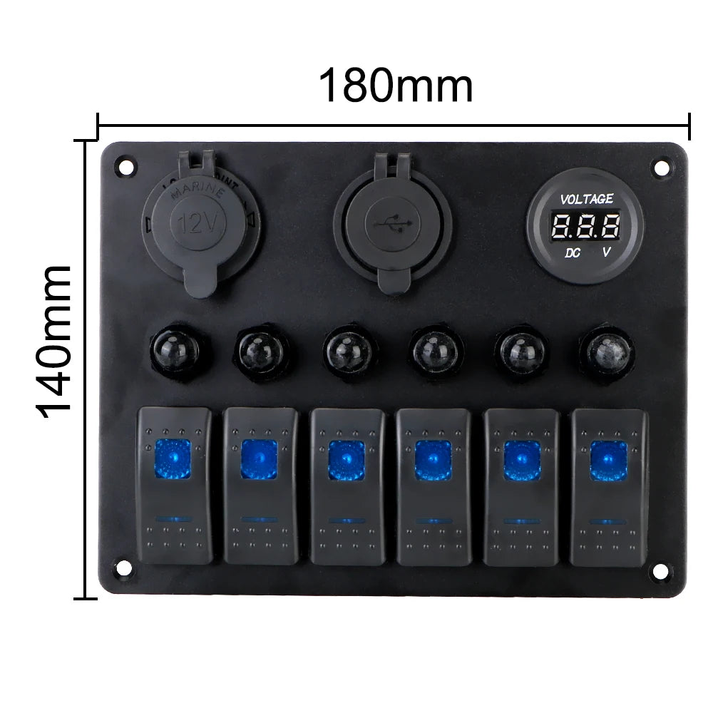 12V 24V 6 Buttons Car Switch Panel 15A Fuse Marine Circuit Breaker Voltmeter