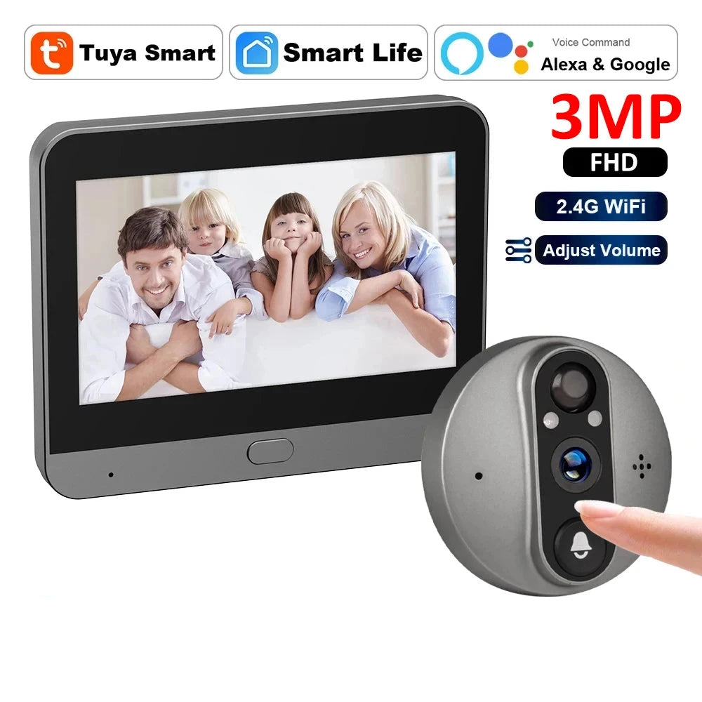 3MP WiFi Smart Tuya Peephole 5000mAh Doorbell Door Eye Camera