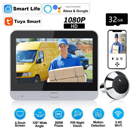 JuniorCare 4.3 Inch WiFi Peephole Tuya Smart 1080P Video Camera