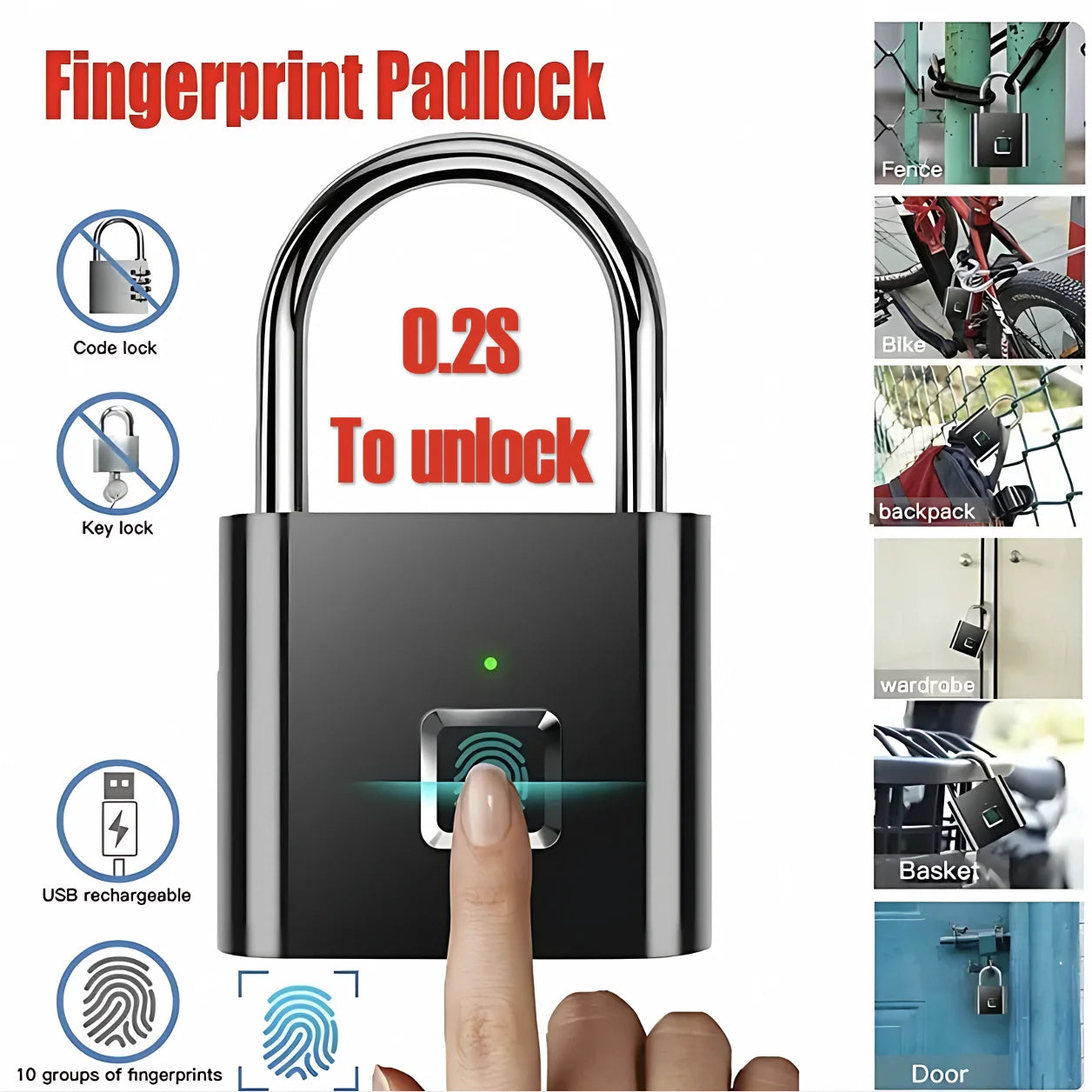 Fingerprint Lock Keyless Waterproof Anti-Theft Smart Lock Fingerprint Padlock Zinc Alloy Intelligent Safety Electronic DoorLock