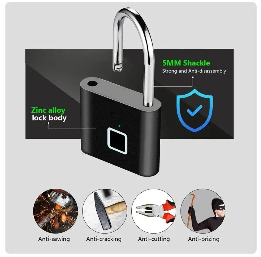 Fingerprint Lock Keyless Waterproof Anti-Theft Smart Lock Fingerprint Padlock Zinc Alloy Intelligent Safety Electronic DoorLock