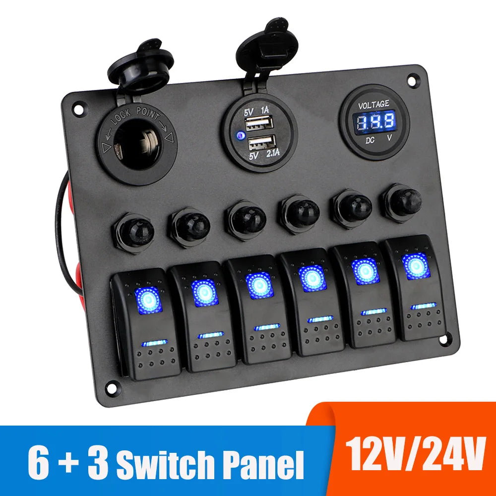 12V 24V 6 Buttons Car Switch Panel 15A Fuse Marine Circuit Breaker Voltmeter